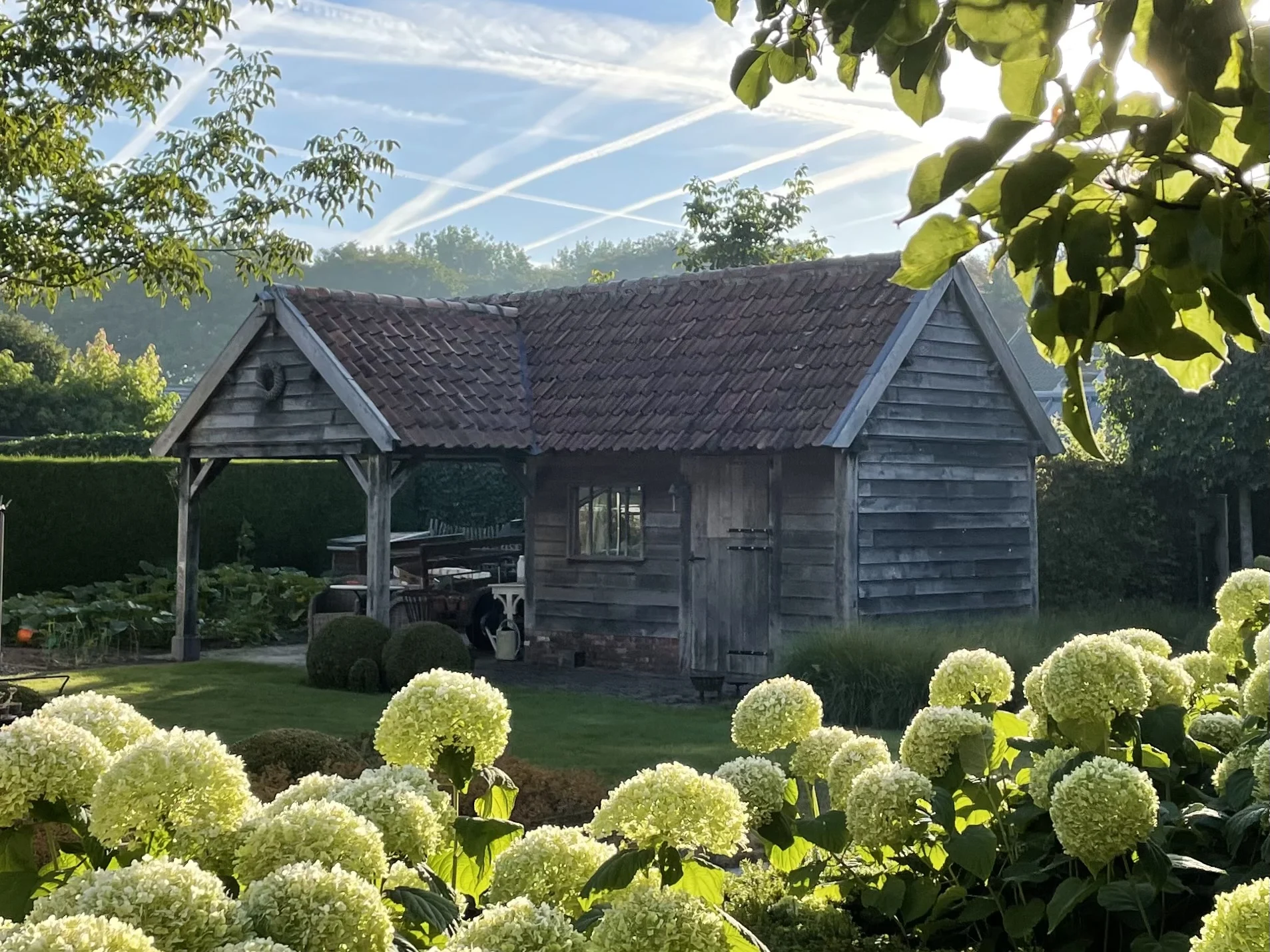 Verzorgde tuin met strak gazon en houten tuinhuis, onderhoud door RS Tuinwerken in Turnhout